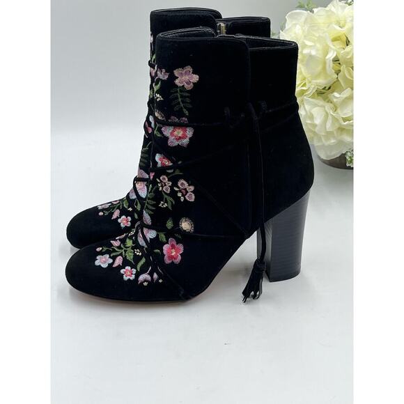 Sam Edelman Black Suede Embroidered Floral Winnie Block Heel Ankle Boots Sz 8 - Picture 6 of 15